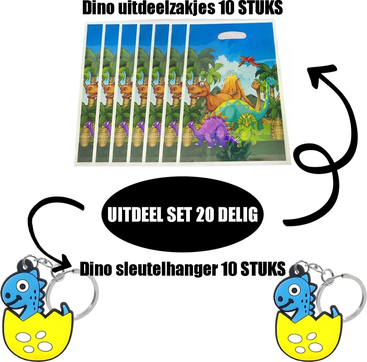 Akyol Uitdeelzakjes set Dinos| 20 stuks | Traktatie zakjes voor Uitdeelcadeautjes | sleutelhanger | Uitdeelzakjes Kinderfeestje | Kinderen | Cadeau | Verjaardag